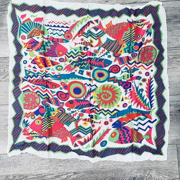 Express Accessories - Vintage Express Scarf Womens Square Abstract Fish Print 29x29 Italy 90s art neon